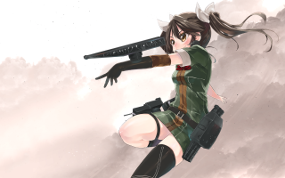 Woman green dress holding gun - a gun in the air free wallpaper