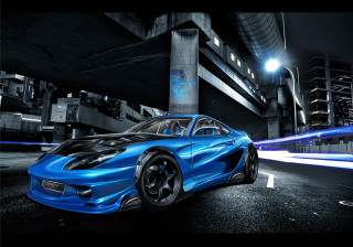 Blue sports car night street 4 - a building in the background free wallpaper