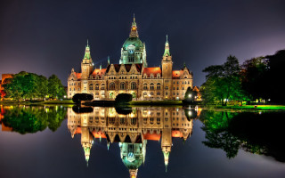 Large building clock tower reflection 3 - the water free wallpaper