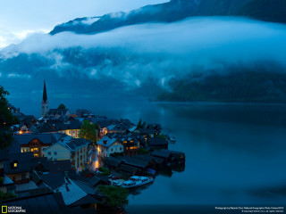 Town mountain lake foggy sky - a lake in the foreground free wallpaper