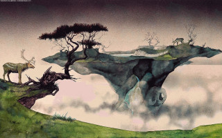 Mountain tree deer cliff fantasy - a painting of a mountain free wallpaper