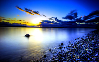 Boat shore lake sunset blue - arthur quartley free wallpaper