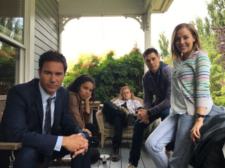Group people sitting porch together - jeans free wallpaper