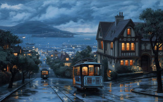Trolley car rainy night city 4 - kinkade free wallpaper