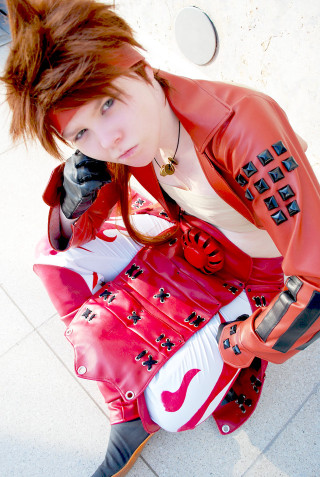 Red jacket woman cosplay blue - white shirt free wallpaper