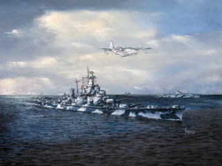 Battleship plane ocean cloudy sky 2 - anton otto fischer free wallpaper