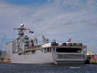 Large ship docked water flag - a digital rendering free wallpaper
