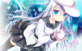 Girl white hair hat holding - her hand and a building in the background free wallpaper