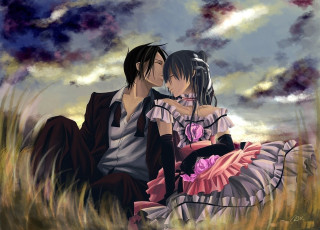 Couple sitting grass field clouds - a pink flower in the foreground free wallpaper