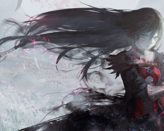 Woman long hair sword walking - a field of flowers and grass free wallpaper