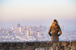 Woman city skyline bridge ruins - skyscraper free wallpaper