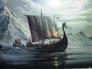 Boat dragon water mountain sky - fantasy art free wallpaper
