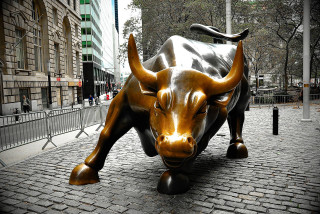 Bull statue brick street city - building free wallpaper