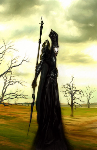 Woman black dress holding sceptacle - a painting of a woman free wallpaper