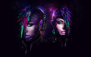 Neon hair headphones women faces - two woman free wallpaper