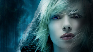 Woman blueeyes blackjacket furcoat bluebackground - a fur coat free wallpaper