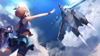 Blue dress girl flying jet - the sky free wallpaper
