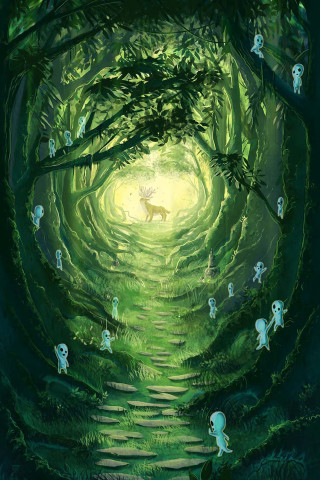 Forest deer little people painting - fantasy art free wallpaper
