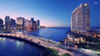 City skyline bridge river nighttime - modernism free wallpaper
