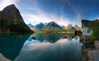 Lake house mountains blue sky - bob ross free wallpaper