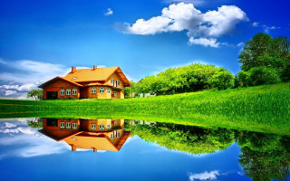 House reflection lake mountains sky - the water of a lake free wallpaper