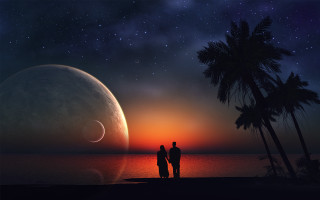 Couple beach moonrise ocean distant - a couple standing free wallpaper