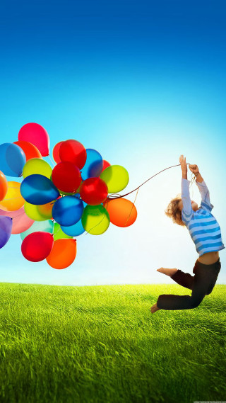 Boy flying balloons air string 3 - cheerful free wallpaper