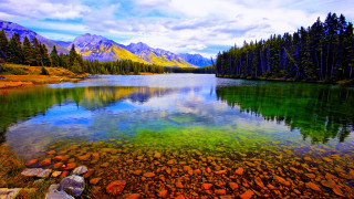 Lake mountains trees blue sky 52 - the water free wallpaper