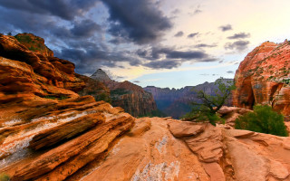 Mountain rock formation forest sunset - wide free wallpaper