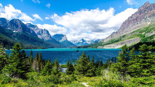 Lake mountains trees boat water - erin hanson free wallpaper