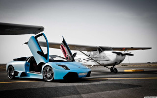 Blue sports car airplane runway - luxury free wallpaper