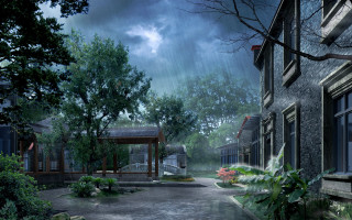 Dark street gazebo trees cloudy - cao zhibai free wallpaper