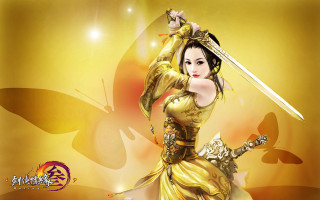 Woman yellow dress sword butterfly - a yellow dress holding free wallpaper