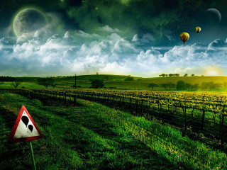 Field sign sky balloons road - a road sign free wallpaper