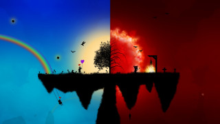 Rainbow tree cliff sky water - 2 d game art free wallpaper