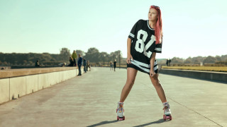 Woman pinkhair rollerskates bridge dog - florianne becker free wallpaper