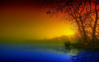 Sunset lake trees boat water - mystical free wallpaper