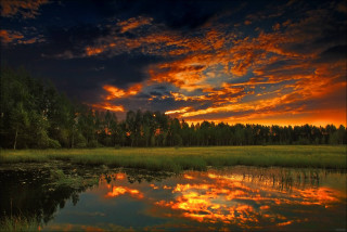 Sunset lake trees background clouds - a sunset over a lake free wallpaper