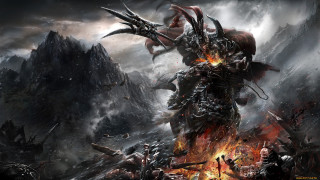 Demonic creature rocky area flames - flame and smoke free wallpaper