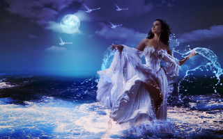 Woman ocean fullmoon birds dreamlike 2 - overhead free wallpaper