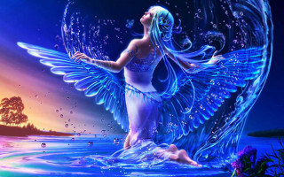 Woman water wings flying above - fantasy art free wallpaper