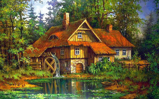 House woods pond boat painting - a painting of a house free wallpaper