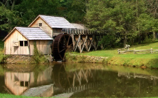Water mill pond grassy field - a grassy field free wallpaper