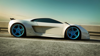 White sports car blue rims - a highway free wallpaper