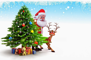 Santa reindeer christmas tree presents - naive art free wallpaper for desktop