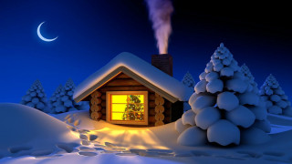 Small cabin snow lit window - a crescent moon in the sky free wallpaper