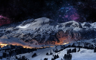 Snowy mountain city night stars 3 - a city free wallpaper