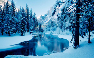 River snow trees mountain bridge 2 - bob ross free wallpaper