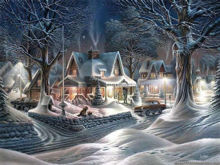 Snowy village car driveway christmas - kinkade free wallpaper