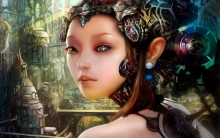 Woman futuristic headpiece city background - cybernetic free wallpaper
